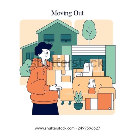 Moving Out concept. A person stands by packed items and furniture, indicating a house relocation. A seamless transition to a new beginning. Vector illustration.