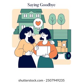 Moving Out concept. Two friends share a moment of farewell in front of a house as boxes await in a moving truck. Vector illustration.