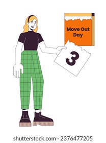 Moving out day calendar tear off line cartoon flat illustration. Caucasian woman ripping page off countdown 2D lineart character isolated on white background. Before moving scene vector color image