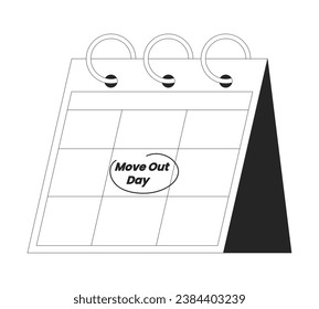 Moving out day on calendar page flip black and white 2D line cartoon object. Deadline reminder circling calender isolated vector outline item. Relocation moving monochromatic flat spot illustration