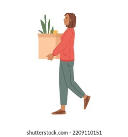 Salir o entrar, reubicarse y cambiar de lugar. Personaje femenino aislado cargando caja de cartón con pertenencias personales y maceta de flores. Vector de dibujos animados planos