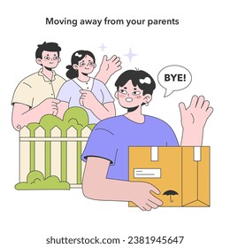 Moving out from parents. Young character pack belongings and relocating. Youth and adulthood years. Life milestones. Young male character getting old. Flat vector illustration