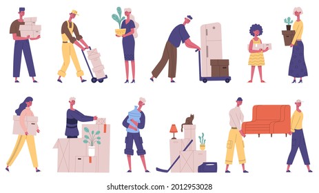 Moving out people. Family moving new house, characters carrying boxes and furniture, cargo delivery service vector illustration set. House moving day. Female and male characters holding objects