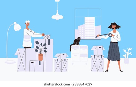 Moving out people. people relocation in new place. Relocation in new home or office illustration vector