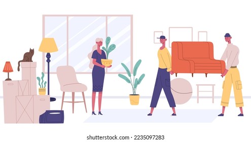 Moving out people. Woman relocating, male characters carrying sofa. Packed boxes and furniture for relocation service. Person holding plant, loaders helping with couch vector illustration