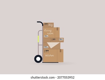 A moving out scene, a cart with a stack of cardboard boxes on it