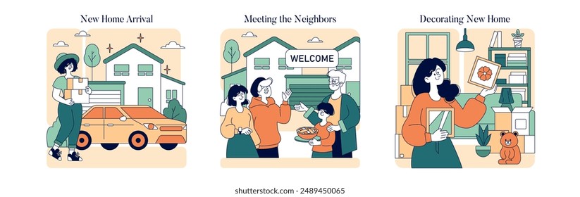 Moving Out set. Arrival at a new home, meeting the neighbors, and interior decorating. Transition to a new beginning, community welcome, making a space your own. Vector illustration.