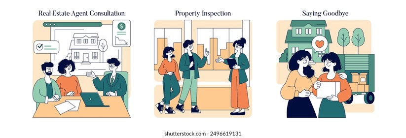 Moving Out set. Consultation with real estate agent, property inspection, and a final goodbye scene. Emotional journey of relocation illustrated. Vector illustration.