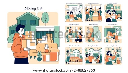 Moving Out set. Illustrations depicting stages from consultation to settling in the new home. Real estate, packing, and family moments. Vector illustration.