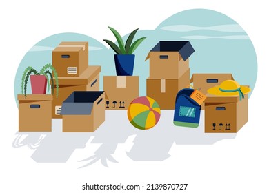 Moving out vector illustration. Cardboard boxes and stuff are standing on the ground. Sunny day.