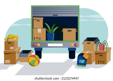 Moving out vector illustration. Van or truck with open back sliding door. Cardboard boxes and stuff are standing on the ground and in the vehicle.
