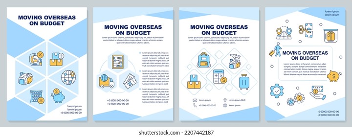 Moving Overseas On Budget Blue Brochure Template. Cheap Travel. Leaflet Design With Linear Icons. Editable 4 Vector Layouts For Presentation, Annual Reports. Arial-Black, Myriad Pro-Regular Fonts Used