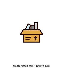 moving package. cardboard box symbol with full of content. relocation concept. simple clean thin outline style design.