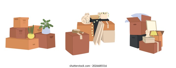 Moving packaging concept.  3 packs of cardboard with different household items.  cat and garland on a brown box.  Moving to another house or flat. Color pictures on an isolated background.