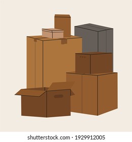 Moving and packing concept. Various cardboard boxes in different sizes. Postal items. Isolated vector stock illustration. simple style. Cartoon style, trendy design. The boxes are brown.