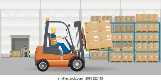 Moving pallets with boxes in the warehouse by means of a hydraulic forklift truck. Storage, sorting and delivery. Storage equipment. Flat vector illustration.