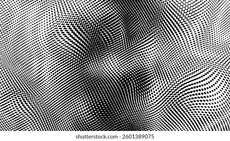 Moving particles, representing big data analytics. A distorted abstract halftone pattern creates a wavy black and white optical texture vector illustration.