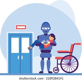 Moving A Patient To Wheelchair Concept, Recovery Room Scene Vector Icon Design, Robotic Medicine Symbol, Healthcare Scene Sign, Innovation Artificial Intelligence Works In Modern Clinic Stock 