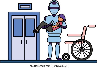 Moving A Patient To Wheelchair Concept, Recovery Room Scene Vector Color Icon Design, Robotic Medicine Symbol, Healthcare Scene Sign, Innovation Artificial Intelligence Works In Modern Clinic Stock