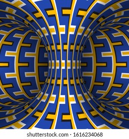 Moving patterned torus of blue yellow decorative stripes. Vector hypnotic optical illusion illustration.