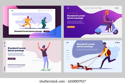 Moving people activities set. Skiing, skateboarding, riding scooter, walking dogs. Flat vector illustrations. Active lifestyle, leisure outdoors concept for banner, website design or landing web page