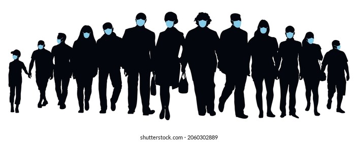 Moving People In Medical Masks, Silhouette Of Crowd. Society. Vector Illustration