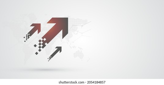 moving up pixel arrow graph with financial chart and world map on black and white color background