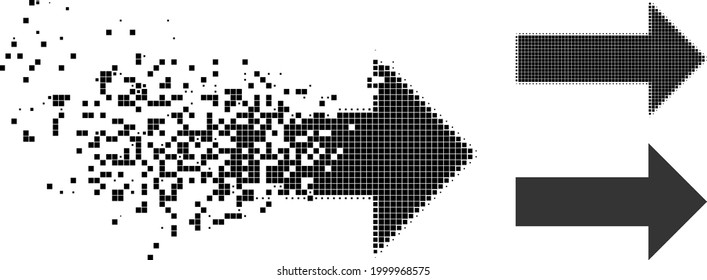 Moving pixelated arrow icon with halftone version. Vector destruction effect for arrow icon. Pixelated disintegrating effect for arrow demonstrates movement of cyberspace abstractions. svg