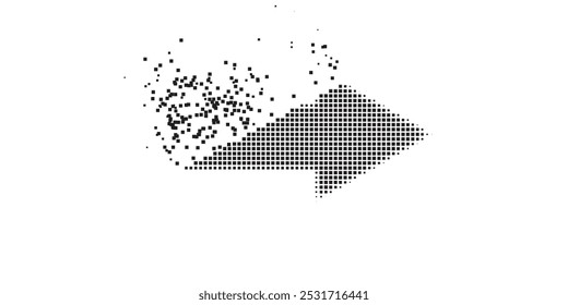 Moving pixelated arrow icon with halftone version. Vector destruction effect for arrow icon. Pixelated disintegrating effect for arrow demonstrates movement of cyberspace abstractions.