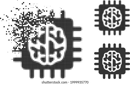 Moving pixelated brain chip pictogram with halftone version. Vector wind effect for brain chip icon. Pixelated disintegration effect for brain chip demonstrates motion of cyberspace world.