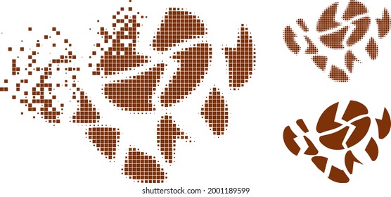 Pictograma de destrucción de granos de café pixelado con versión de medio tono. Efecto del viento vectorial para el pictograma de destrucción de granos de café.