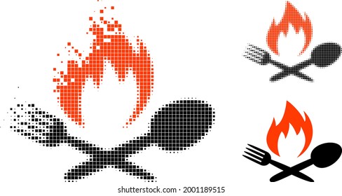 Moving pixelated hot food icon with halftone version. Vector wind effect for hot food icon. Pixelated creation effect for hot food gives motion of cyberspace world.