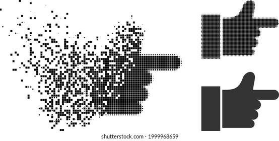 Moving pixelated index finger glyph with halftone version. Vector destruction effect for index finger pictogram. Pixelated dissolving effect for index finger reproduces movement of cyberspace objects.