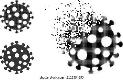 Moving pixelated virus cell icon with halftone version. Vector wind effect for virus cell pictogram. Pixelated dissolving effect for virus cell demonstrates speed of cyberspace items.