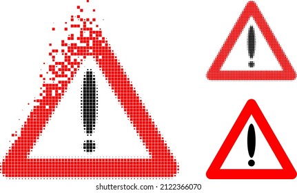 Mover glifo de aviso pixelado con versión de semitono. Efecto de destrucción de vectores para el pictograma del signo de advertencia. El efecto de destrucción pixelado para la señal de advertencia da velocidad al mundo virtual.
