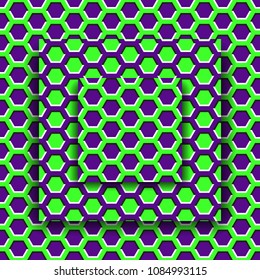 Moving platforms with a hexagonal pattern. Optical illusion background.
