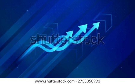 Moving up to the points of A flowing arrow moves upward, marking each point of finance growth toward a clear target of finance and technology background