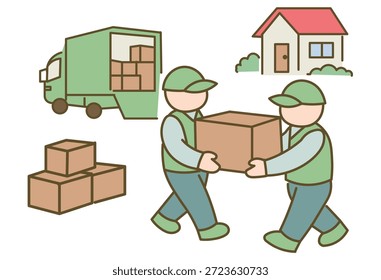 Ilustración De Proceso En Movimiento Que Muestra El Camión De Entrega, Los Trabajadores Que Llevan Cajas Y La Casa Que Representa El Servicio De Reubicación, El Flujo Logístico, La Asistencia De Movimiento En El Hogar Y El Concepto De Transición Residencial