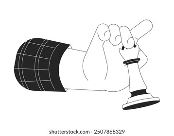 Moving queen chess piece cartoon human hand outline illustration. Tactical chesspiece. Queen gambit 2D isolated black and white vector image. Competitive game flat monochromatic drawing clip art