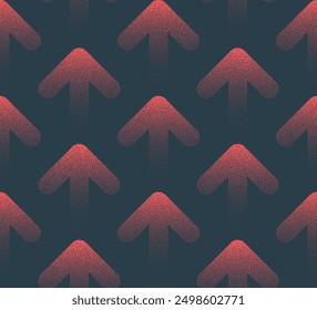 Moving Up Red Arrows Seamless Pattern Trend Vector Business And Finance Abstract Background. Half Tone Abstraction for Dynamic Digital Presentations, Commerce, Growth Concepts. Dot Work Wallpaper