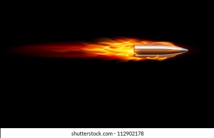Moving Red Fiery Gun Bullet Shot. Illustration On Black