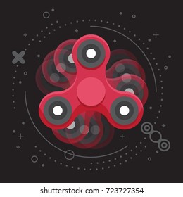 Moving red hand spinner leaflet, banner, poster. Toy for increased focus in motion, stress relief. Fidget relax and meditation. Flat icon. Gadget plaything. Vector illustration art.