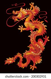 Moving up red oriental dragon on a black background