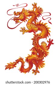 Moving up red oriental dragon on a white background