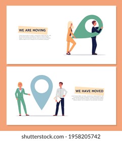 Moving and relocation banners or flyers set with people holding huge pin navigation mark, flat vector illustration. Company or office moving announcement.