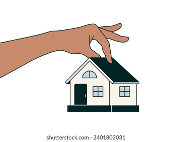 Moving and relocation concept.  Moving to another house, apartment, home. The hand holds the house. Logo, Template, Design, Vector, Emblem, Creative Symbol, Icon, Flat style Banner.  