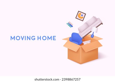 Moving and relocation concept. Cardboard boxes with various things from house. 3D Web Vector Illustrations.