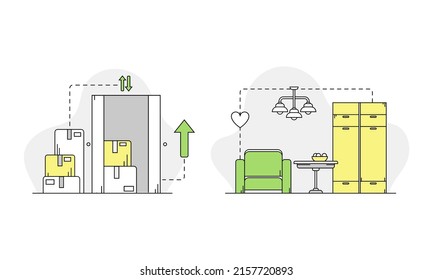 Moving and relocation set. Cardboard boxes with personal belongings linear vector illustration