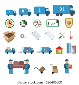 Moving. Relocation. Set of colorful icons including: different sizes of trucks, stevedores, packing materials, boxes, tools, service. Vector illustration isolated on white background