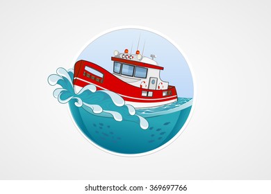 Moving rescue boat. Deep sea with wave. Round vector computer icons for applications or games. Logo and emblem template. Handdrawn Illustration